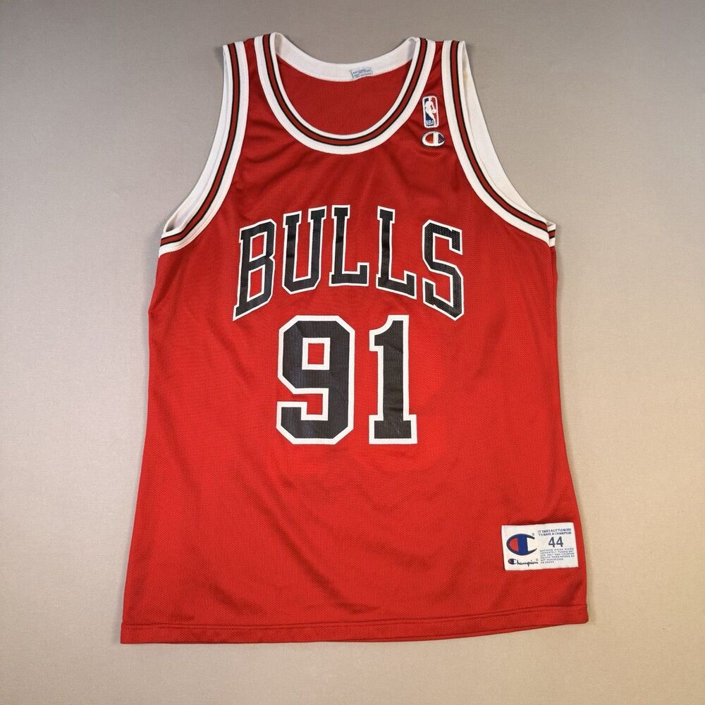Vintage Dennis Rodman Chicago Bulls Champion Jersey Mens 44 (L) Red #91 NBA